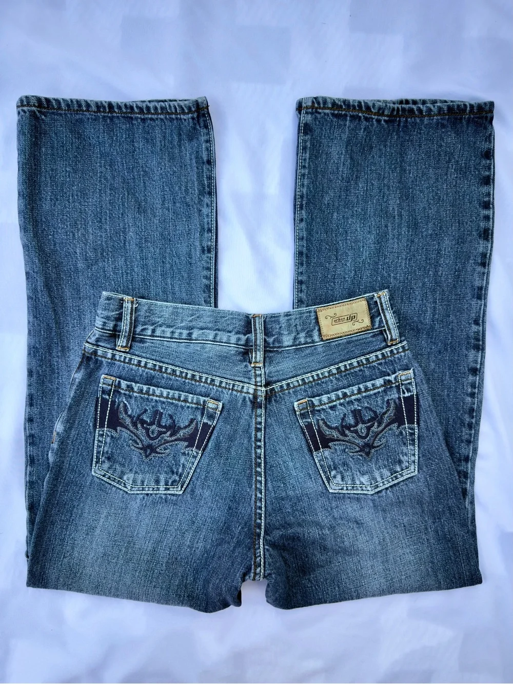 vintage y2k cyber grunge urban pipeline bootcut jeans with embroidered bat desig